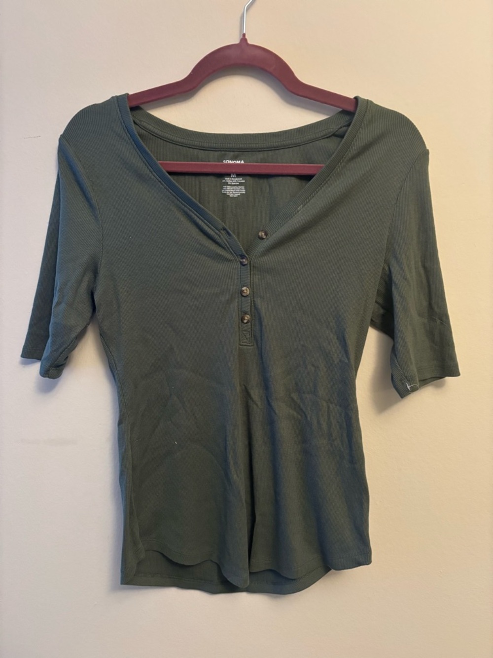 Sonoma Olive Green Ribbed Henley Short Sleeve Top